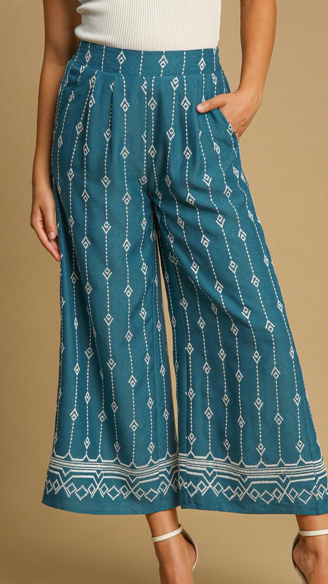 Wide Leg Embroidered Pants w/Pockets