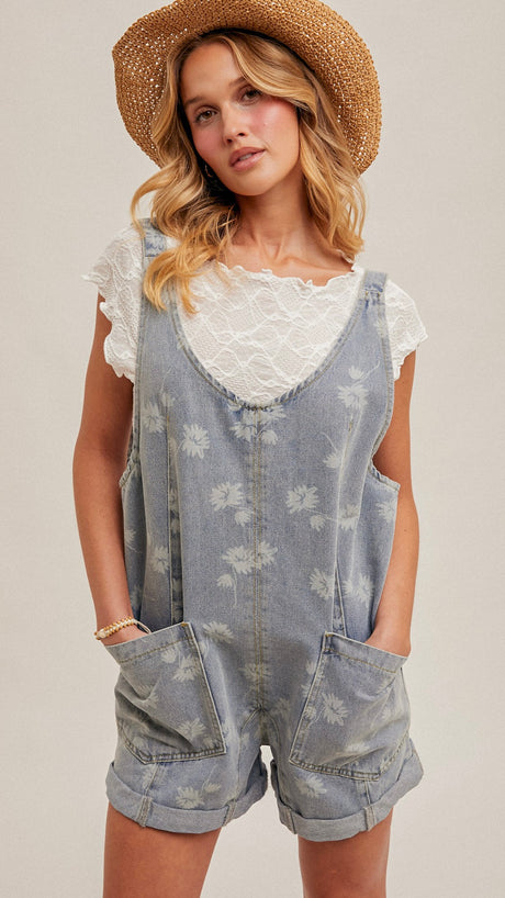 Floral Print Cotton Denim Romper