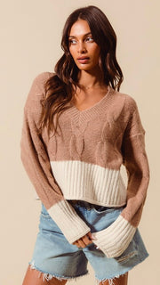 Cable Knit V-Neck Colorblock Sweater