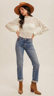 Lace Bubble Sleeve Mock Neck Top