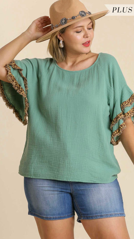 + Cotton Gauze Leopard Ruffle Trim Top