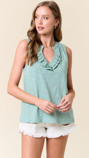 Slub Cotton Ruffle Neck Tank Top