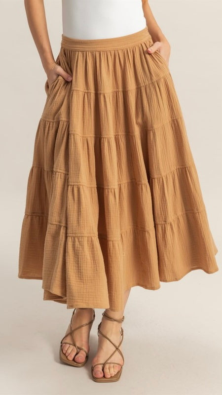 Cotton Gauze Tiered Midi Skirt
