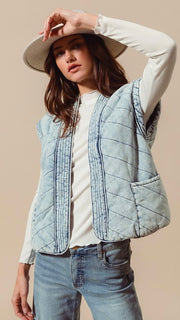 Quilted Washed Denim Vest w/Pockets