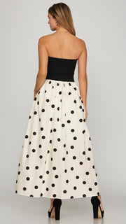 Polka Dot Knit+Woven Strapless Midi Dress