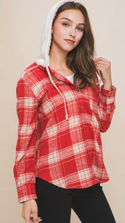 Plaid Flannel Top w/Fleece Lined Hood