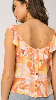 Ruffle Shoulder Back Button Floral Top