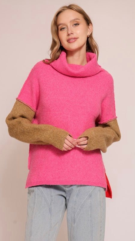 Colorblock Cowl Neck Sweater