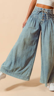 Pintuck Button Waist Wide Leg Jeans