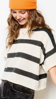 Wide Stripe Roll Trim S/S Sweater