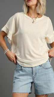 Slub Knit Ruffle Trim Top