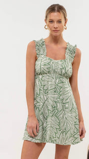 Leaf Print Elastic Ruffle Strap Dress