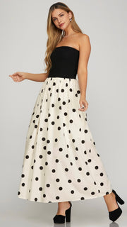 Polka Dot Knit+Woven Strapless Midi Dress