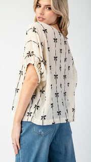 Bow Print Elastic Cuff Slouch Top