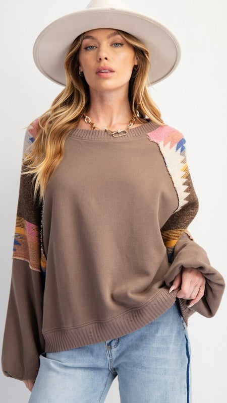 Southwest Inset Bubble Sleeve Sweatshirt