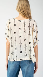 Bow Print Elastic Cuff Slouch Top