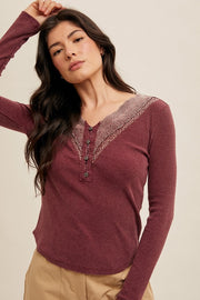 Mineral Wash Lace V-Neck Top