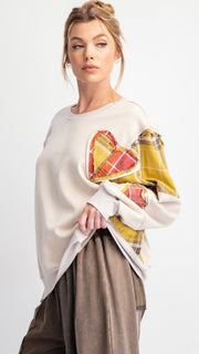 Plaid Heart Appliqué Slouch Sweatshirt