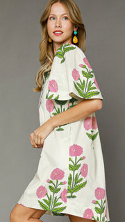 Floral Bouquet Split Neck Dress w/Pkts