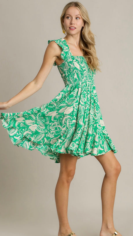 Two-Tone Floral Smocked Bodice Dress