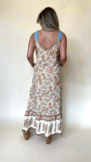 Denim Trim Border Print Floral Maxi Dress