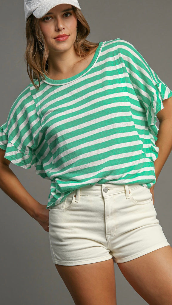 Striped Raw Edge Ruffle Sleeve Top