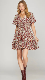 Diamond Print V-Neck Flutter Sleeve Dress