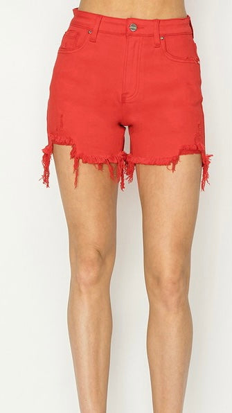 High Rise Destruct Hem Stretch Shorts