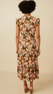 Floral Smock Front Ruffle Midi Dress