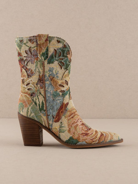 Tapestry Pointed Toe Side Zip Boot