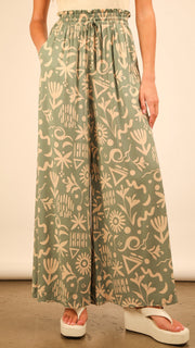 Ruffle Waist Wide Leg Pants w/Pckts