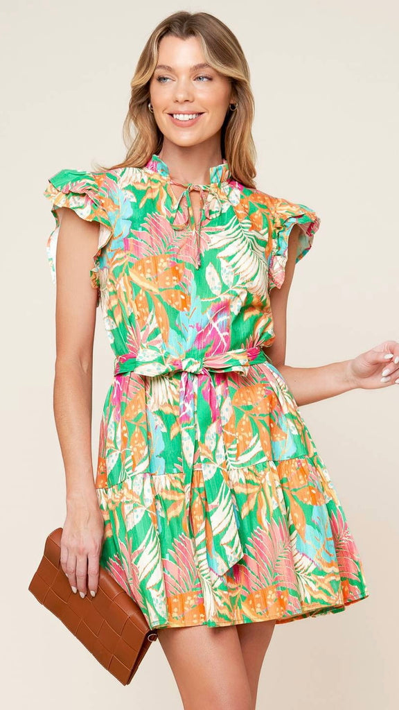 Tropical Print Ruffle Trim Dress