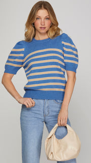 Stripe Sweater Knit Puff Slv Top