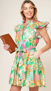 Tropical Print Ruffle Trim Dress