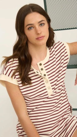 Stripe S/Slv Henley Snap Top