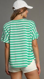 Striped Raw Edge Ruffle Sleeve Top