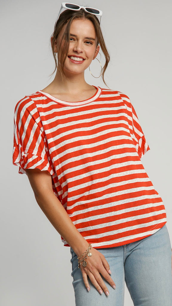 Striped Raw Edge Ruffle Sleeve Top