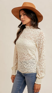 Lace Bubble Sleeve Mock Neck Top