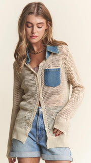 Denim Trim Open Crochet Sweater