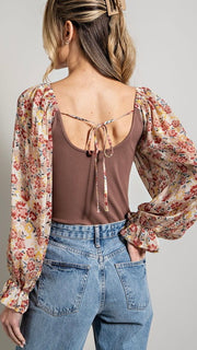 Floral Bubble Sleeve Ribbed Knit Bodysuit