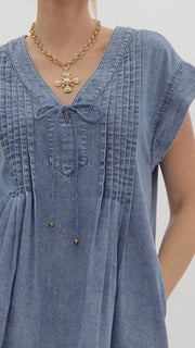 Pleated Bodice Denim Dress