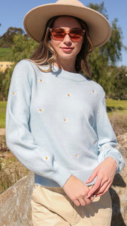 Daisy Embroidery Mock Neck Sweater
