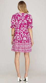 Puff Sleeve Dress w/Stripe Neck Trim