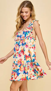 Bold Floral Ruffle X-Back Strap Dress