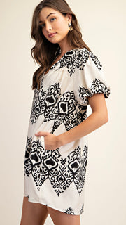 Damask Print Puff Sleeve Dress