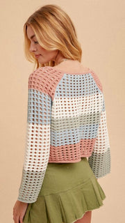 Color Block Open Weave Crop Sweater