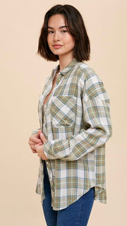 Cotton Blend Plaid Button Front Top