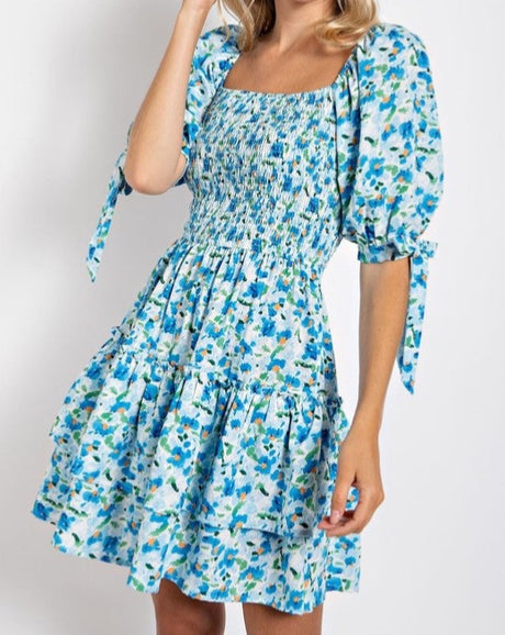 Floral Smocked Bubble Tie Sleeve Dress