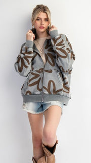 Jumbo Daisy Print Zip Hooded Sweatshirt