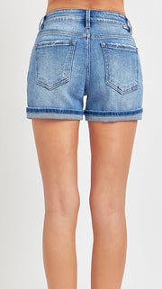 Mid Rise Cuffed Hem Stretch Shorts